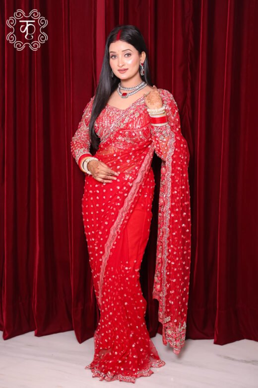 Net Fabric Hand Embroidery Saree - Red