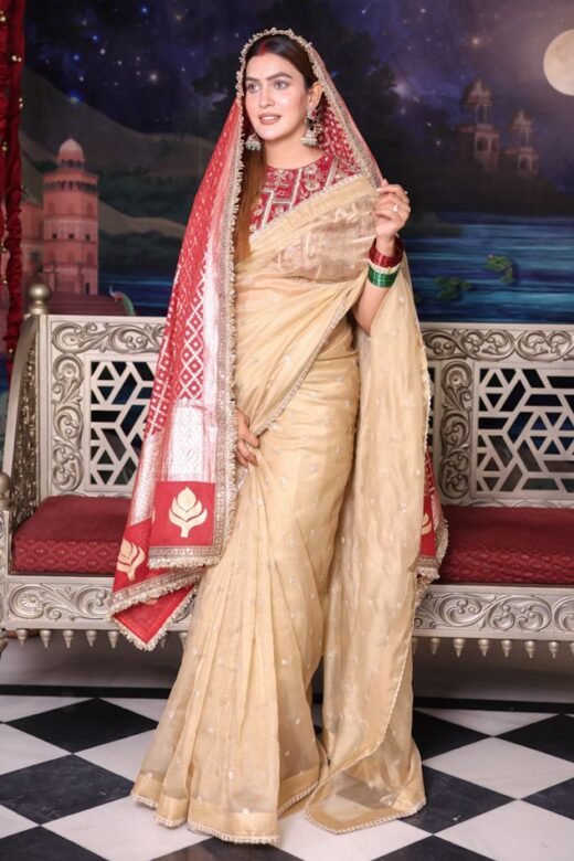 Sheer Organza Chanderi Silk with Heavy Embroidery Blouse with Optional Dupatta- Golden