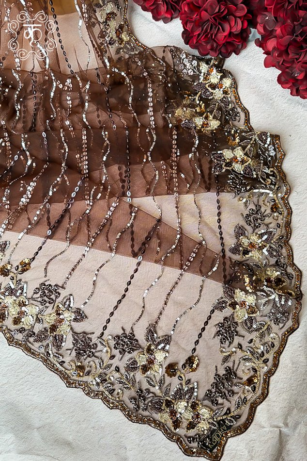 Net Saree with Blouse - Brown - Image 2