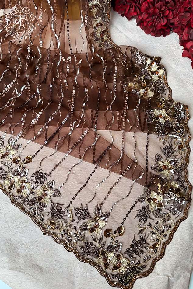 Net Saree with Blouse - Brown - Image 3