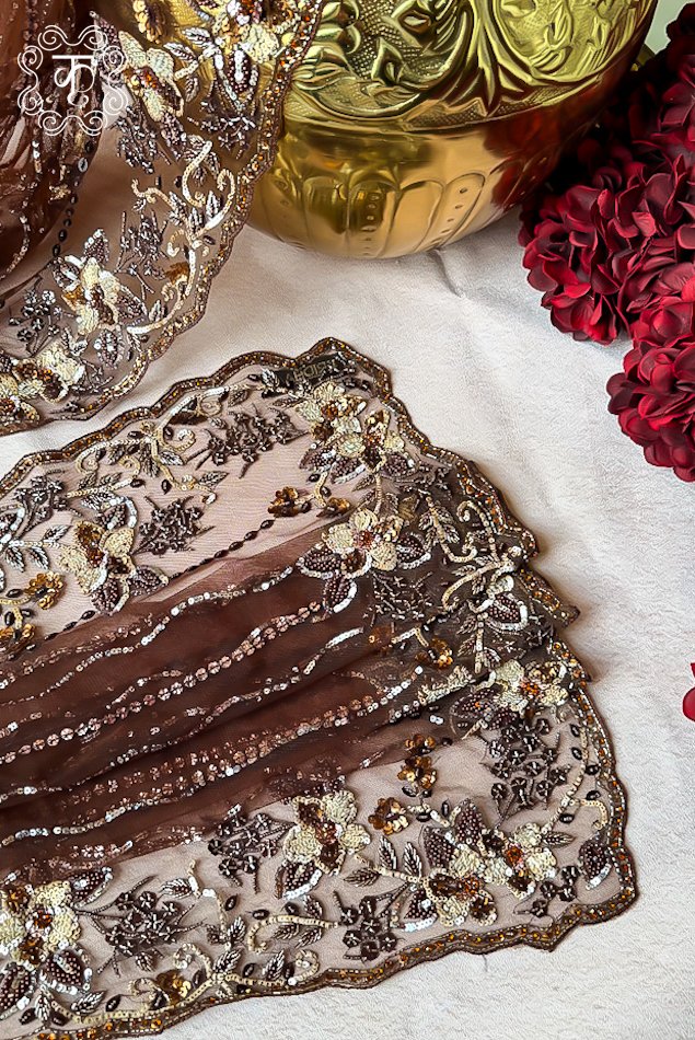 Net Saree with Blouse - Brown - Image 4