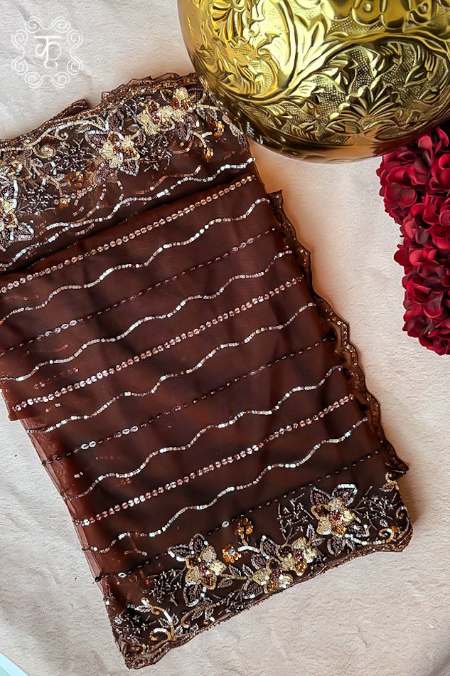 Net Saree with Blouse - Brown - Image 5