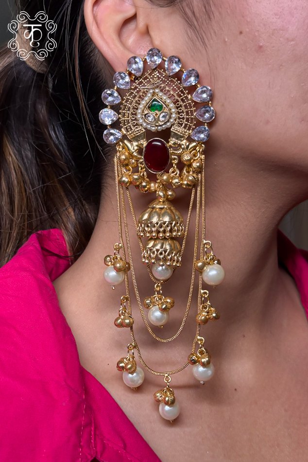 Kashmiri EarRings - Golden Red White - Image 2
