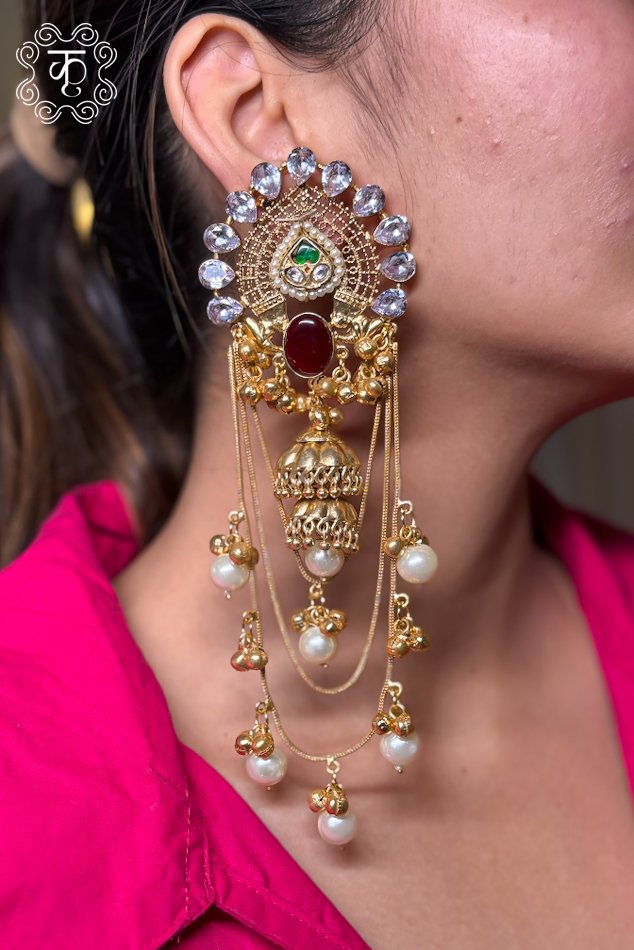Kashmiri EarRings - Golden Red White - Image 3