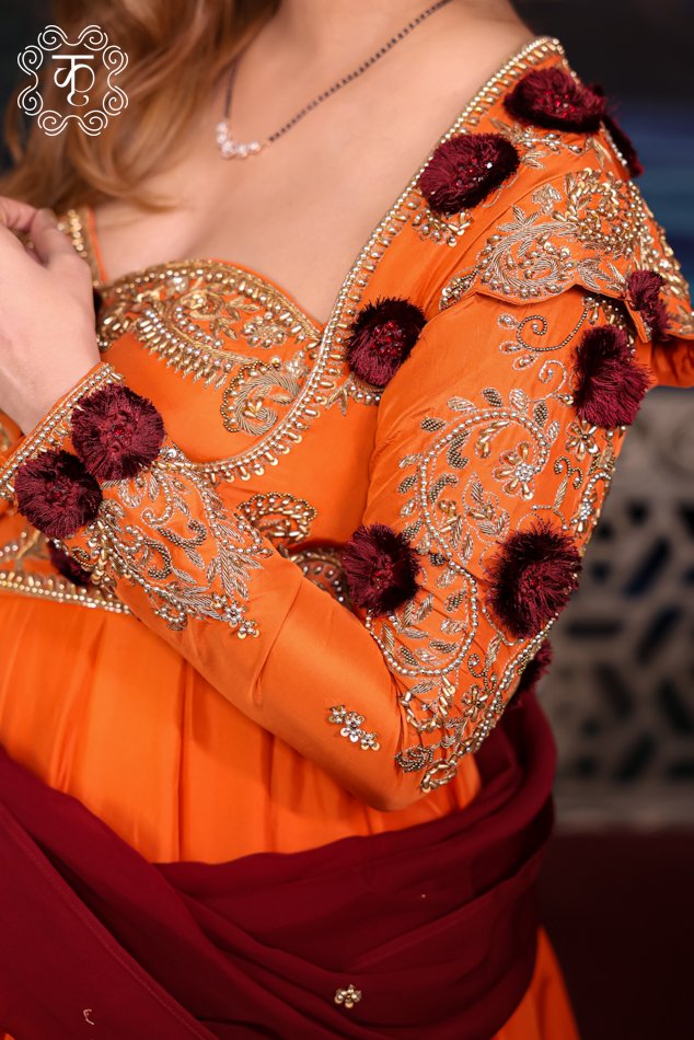Elegant Sunset Rust Anarkali suit with jacket and dupatta - Image 5