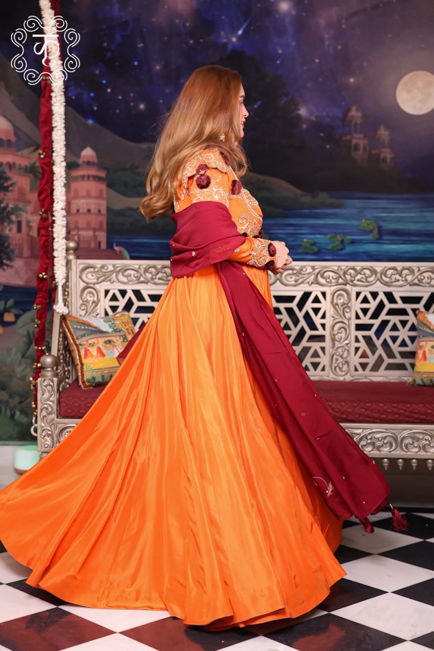 Elegant Sunset Rust Anarkali suit with jacket and dupatta - Image 7