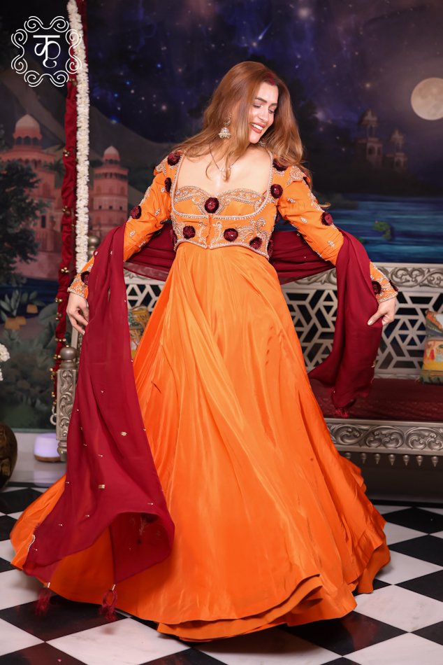 Elegant Sunset Rust Anarkali suit with jacket and dupatta - Image 8