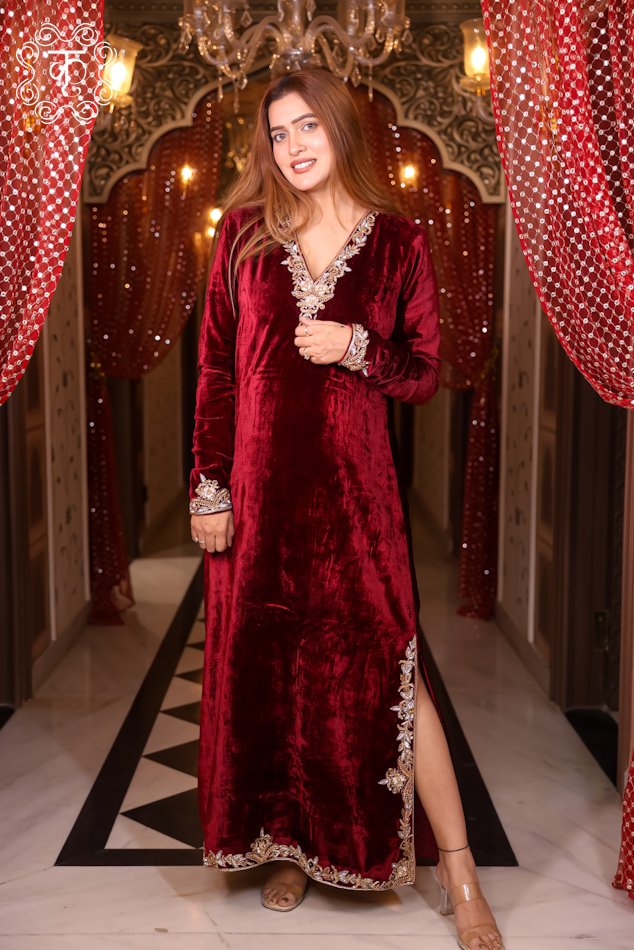 Velvet Hand-Embroidered Straight Dress - Image 3