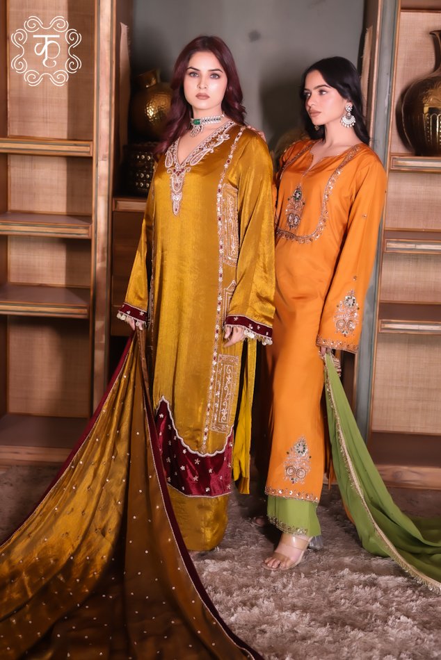 3 Piece Crepe Orange Suit - Organza Dupatta - Image 10