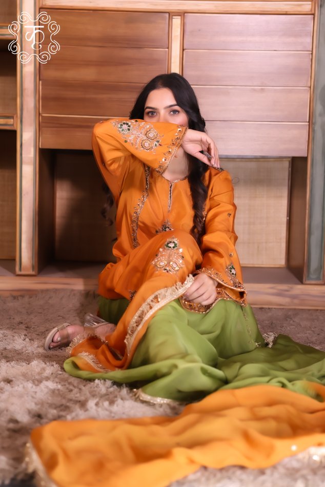 3 Piece Crepe Orange Suit - Organza Dupatta - Image 3