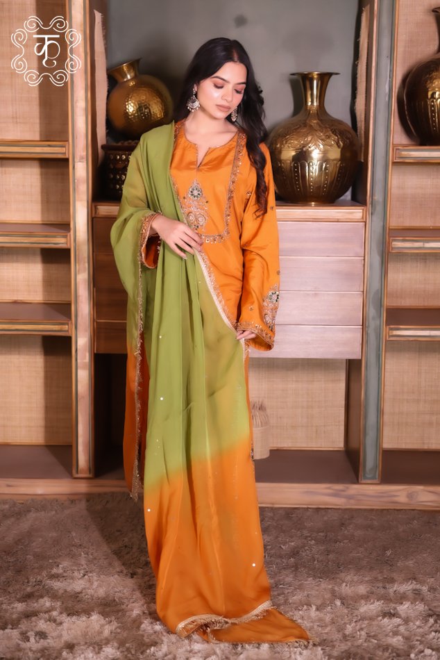 3 Piece Crepe Orange Suit - Organza Dupatta - Image 4