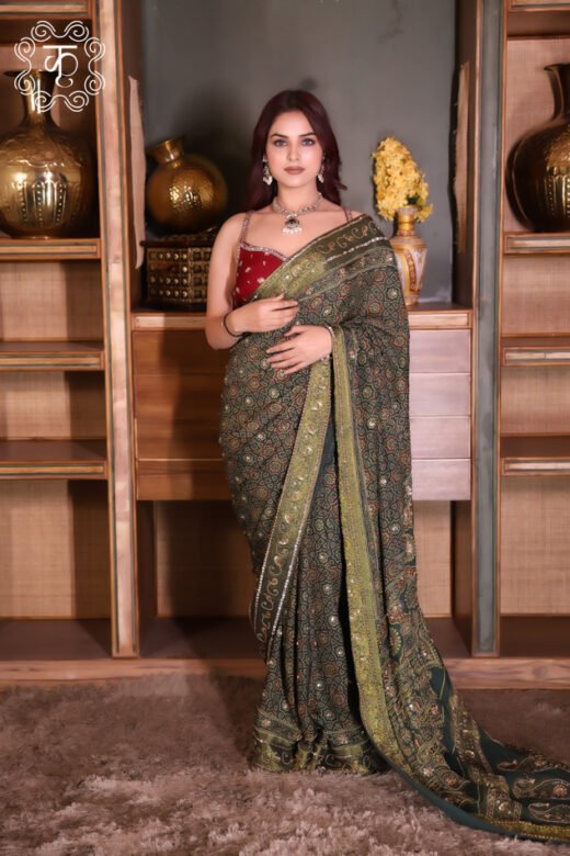 Azrak Saree with Blouse - Green