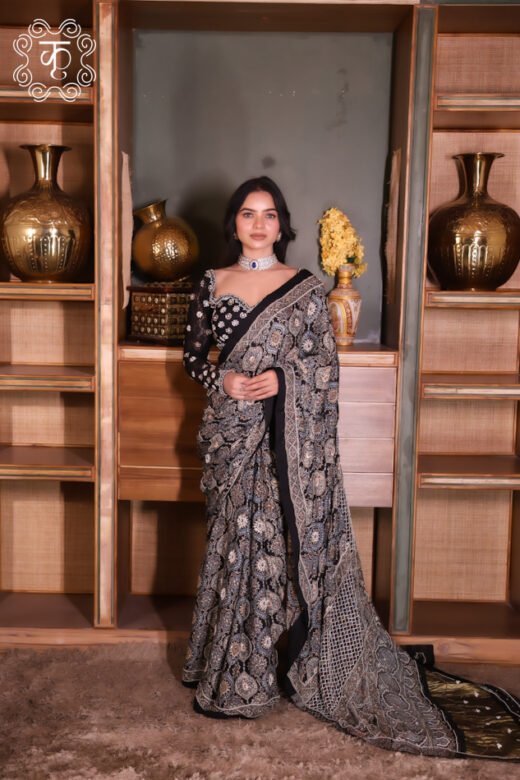 Azrak Saree with Full sleeve Blouse - Black