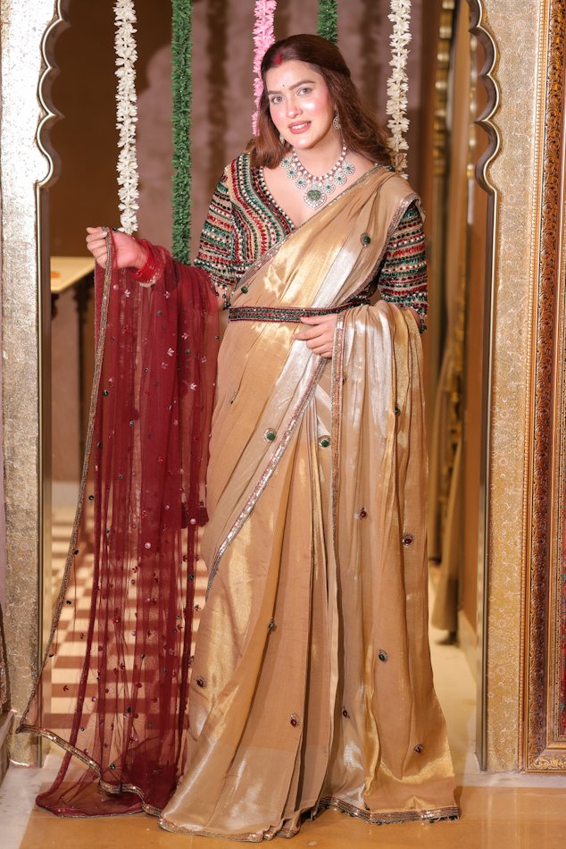 Golden Saree with Handwork Blouse with Belt & Dupatta - Image 2