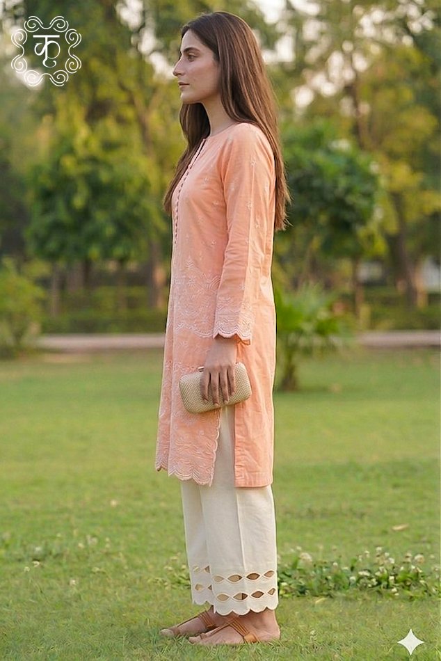 Peach Bloom Embroidered Cotton Suit - Image 4