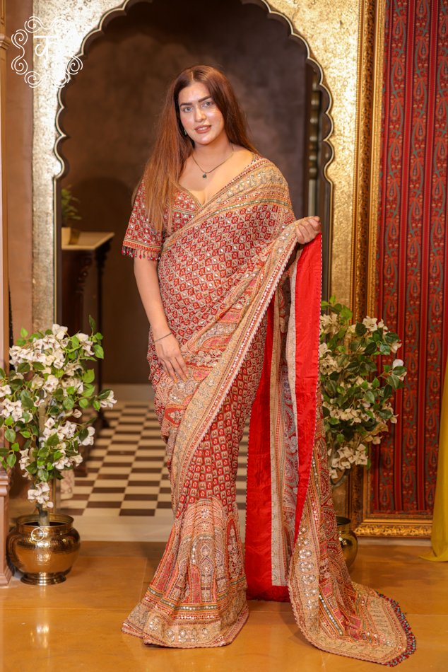 Royal Red Paisley Designer Saree - Image 3