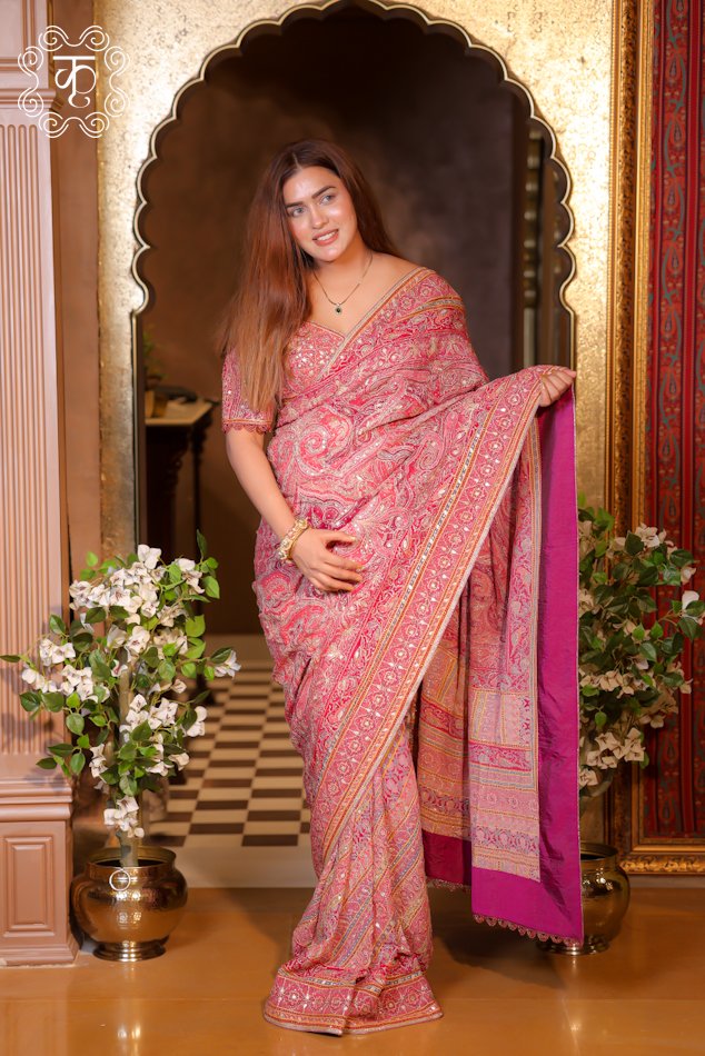 Pink Designer Handwork Saree - Image 4