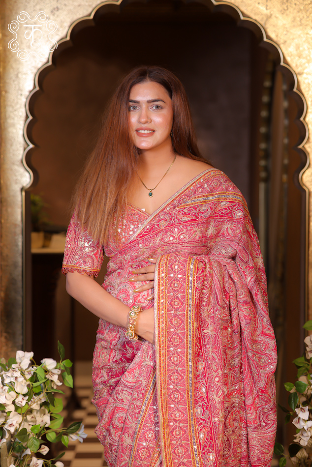 Pink Designer Handwork Saree - Image 2