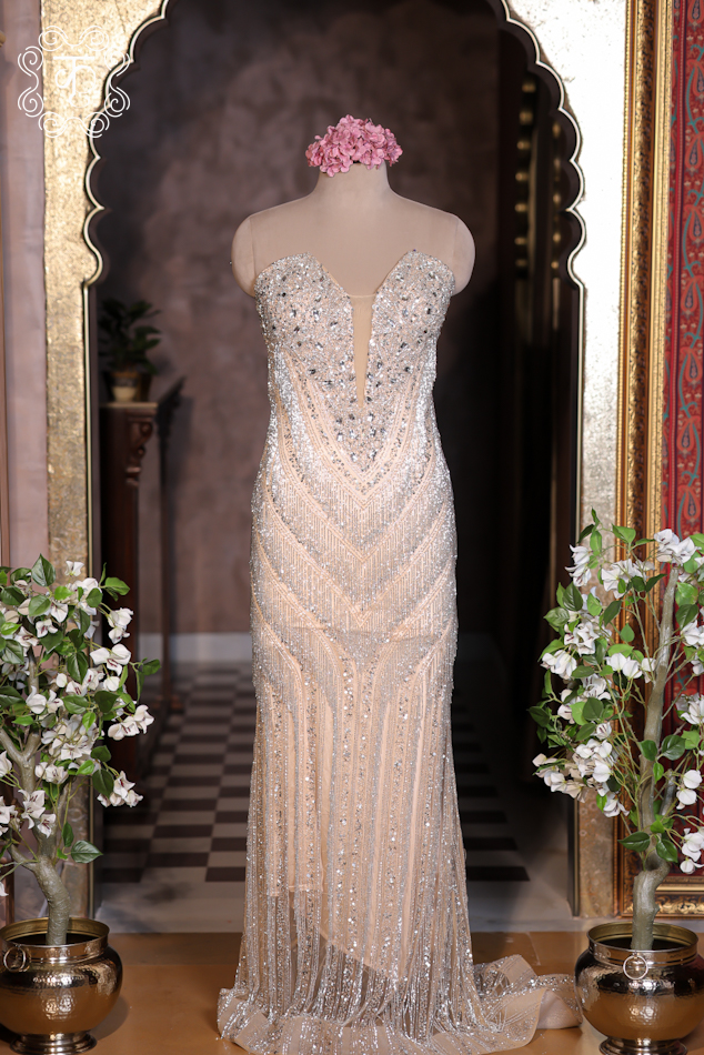 Champagne Crystal Embellished Mermaid Gown - Image 5