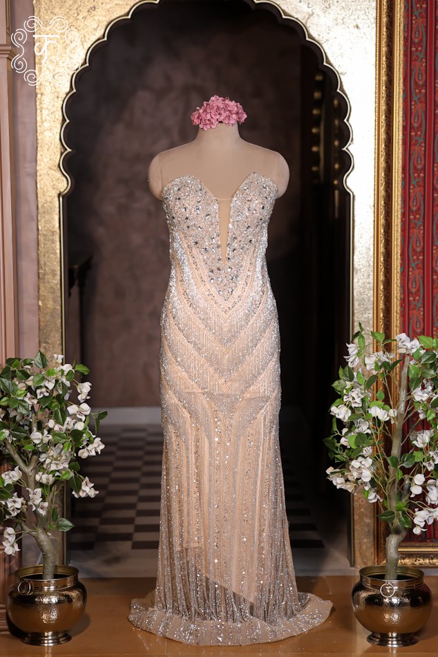 Champagne Crystal Embellished Mermaid Gown - Image 4