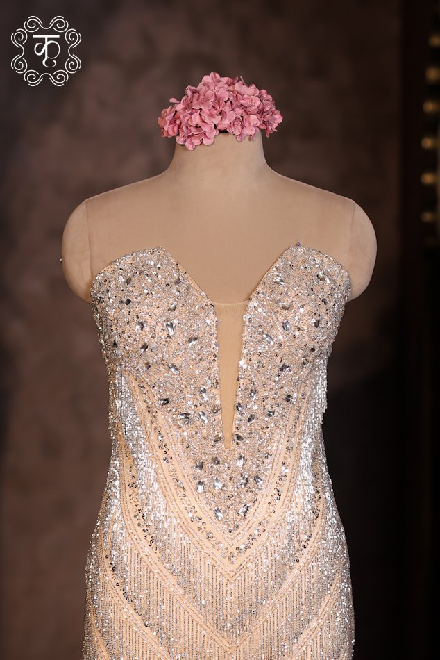 Champagne Crystal Embellished Mermaid Gown - Image 3