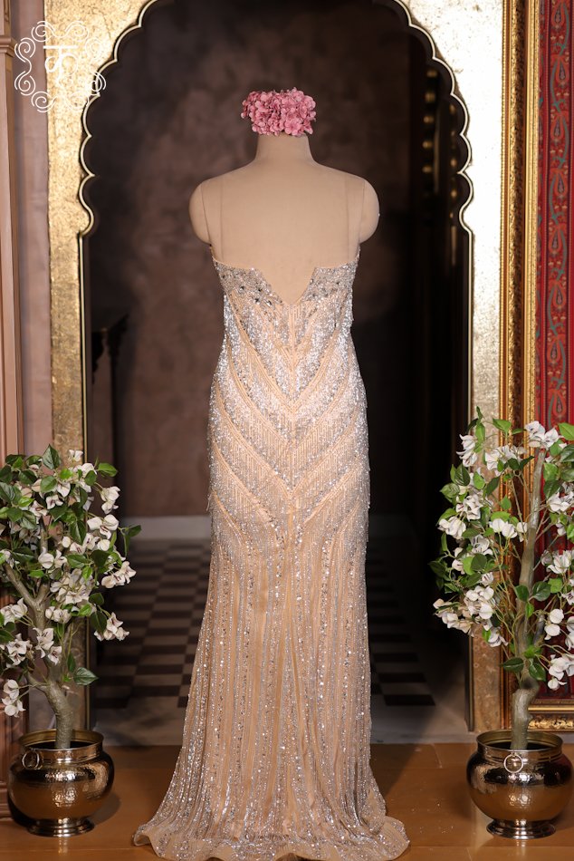 Champagne Crystal Embellished Mermaid Gown - Image 2