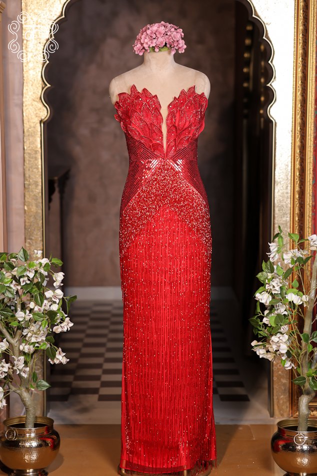 Ruby Red Hand-Embellished Straight Gown - Image 2