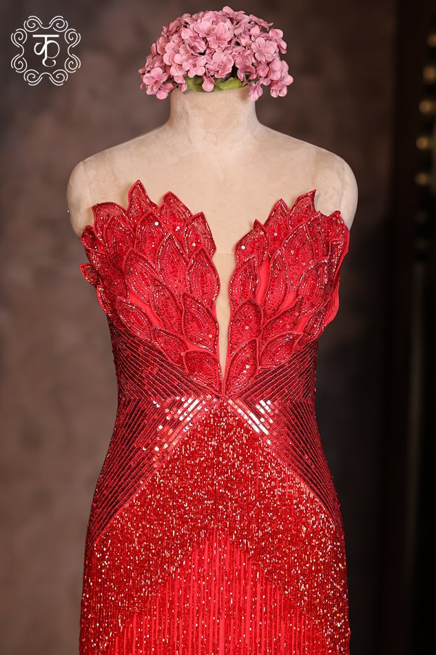 Ruby Red Hand-Embellished Straight Gown - Image 3