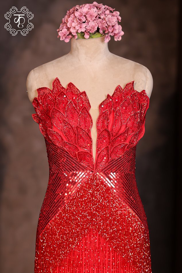 Ruby Red Hand-Embellished Straight Gown - Image 4