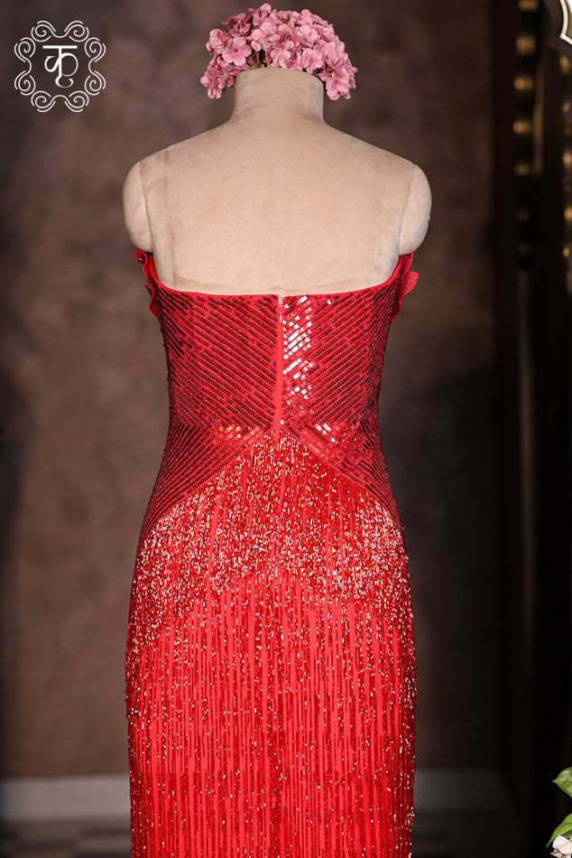 Ruby Red Hand-Embellished Straight Gown - Image 5