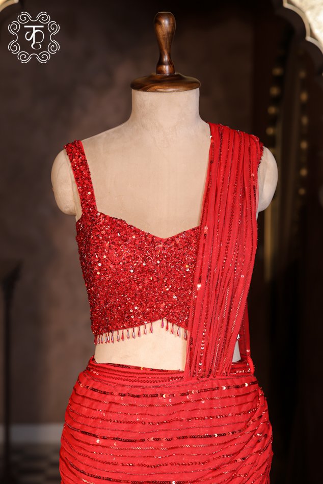 Ruby Red Sequin Drape Saree - Image 2