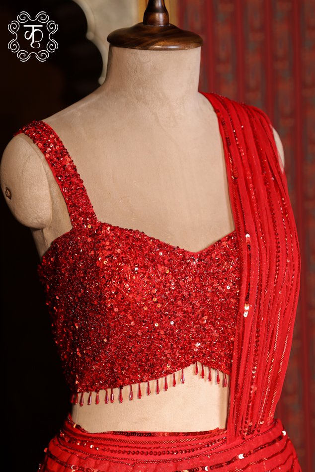 Ruby Red Sequin Drape Saree - Image 3