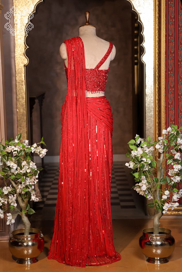 Ruby Red Sequin Drape Saree - Image 4