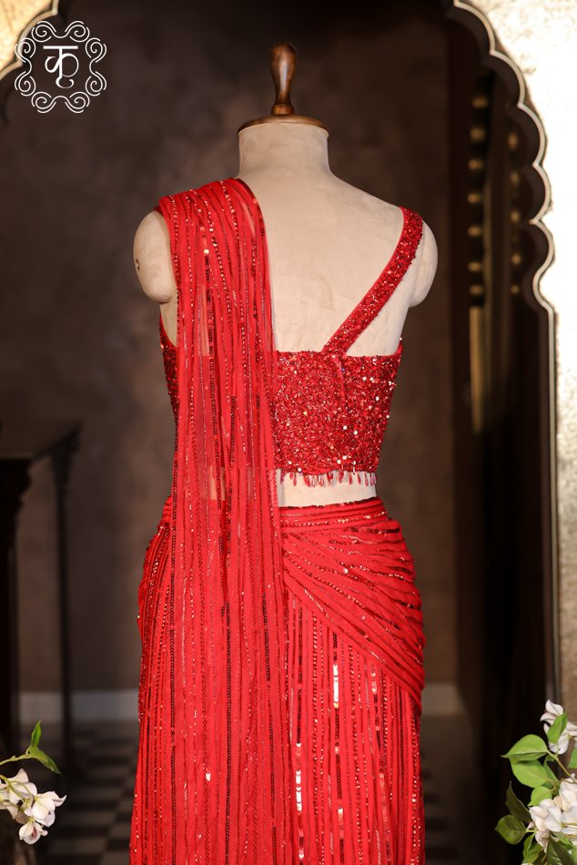 Ruby Red Sequin Drape Saree - Image 5
