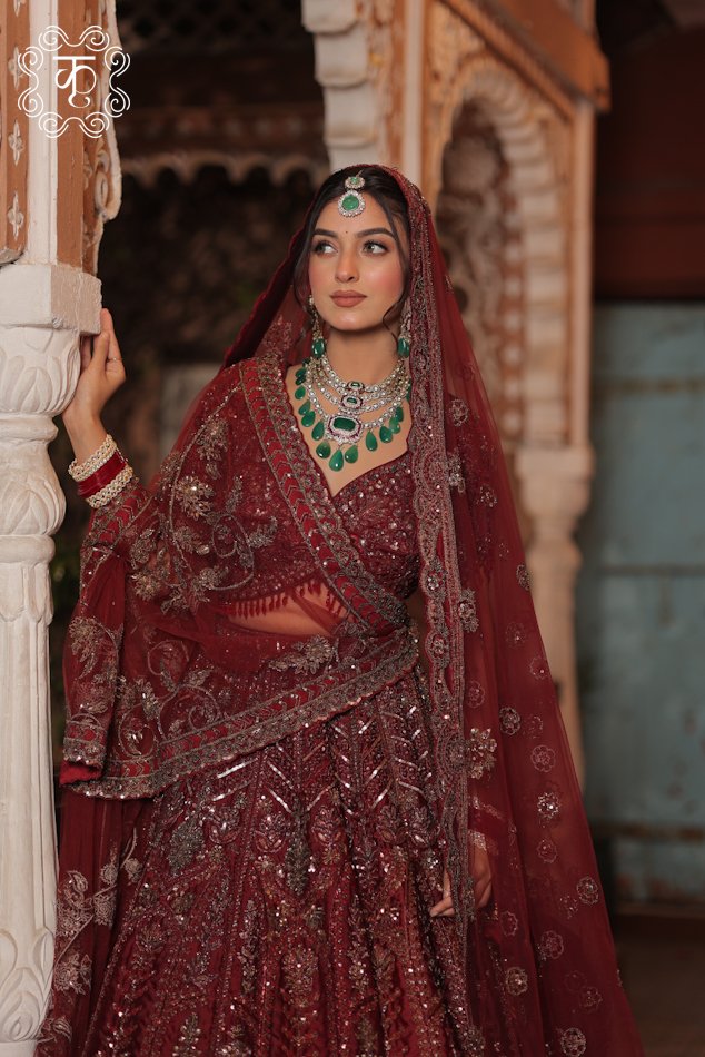 Maroon Embellished Bridal Lehenga Set with Matching Dupatta - Image 5
