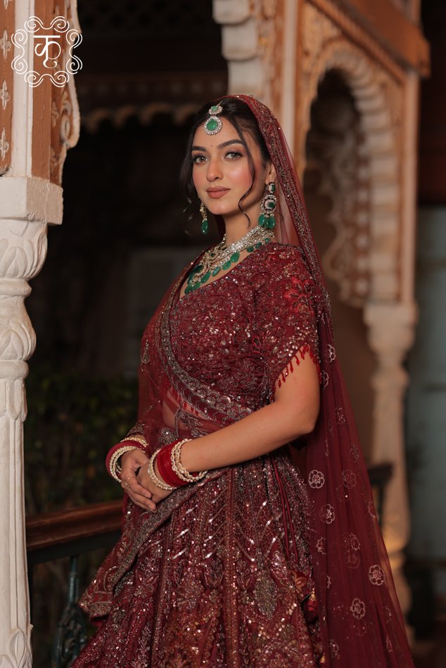 Maroon Embellished Bridal Lehenga Set with Matching Dupatta - Image 4