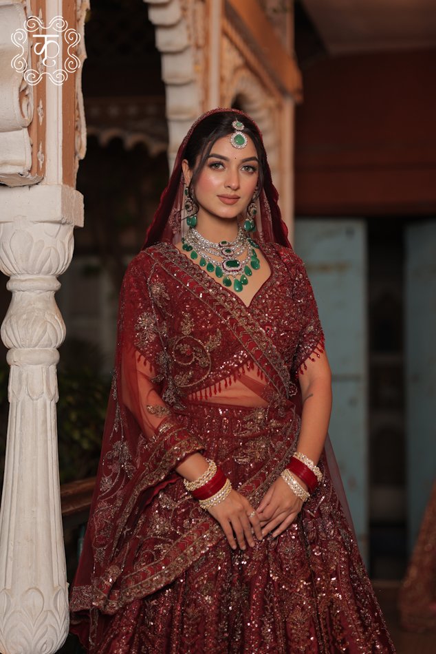Maroon Embellished Bridal Lehenga Set with Matching Dupatta - Image 3