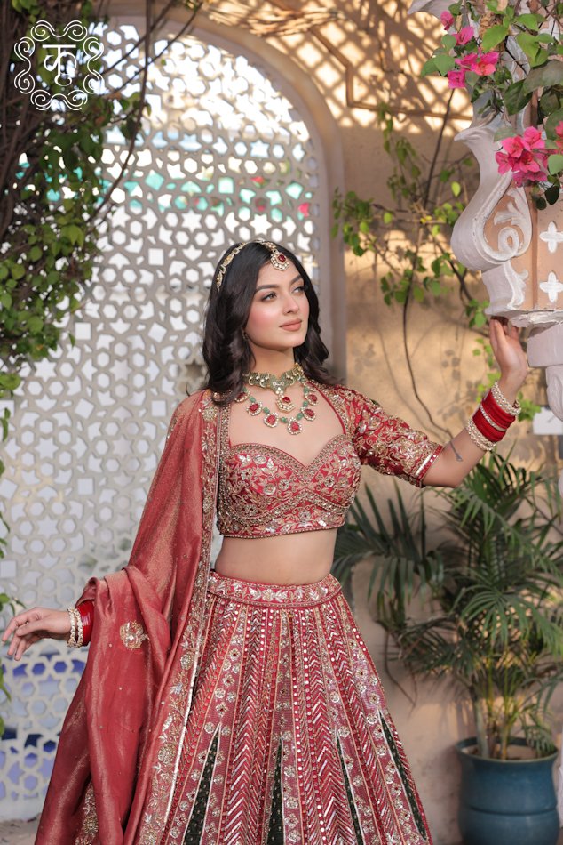 Red Wedding Lehenga with Matching Dupatta - Image 4