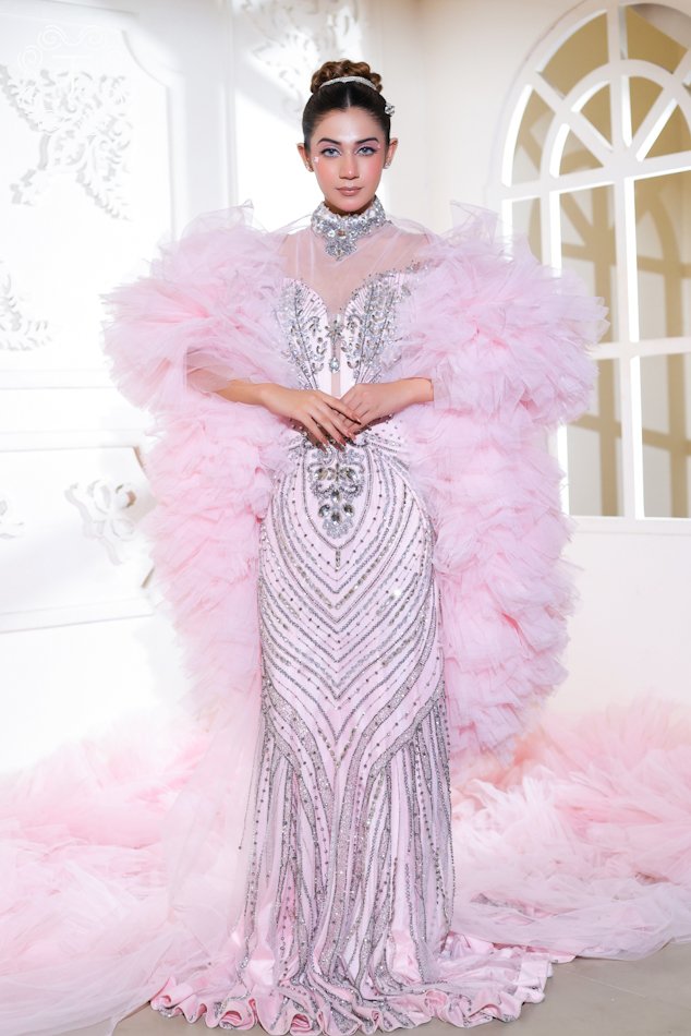 Blush pink tulle sleeve designer gown