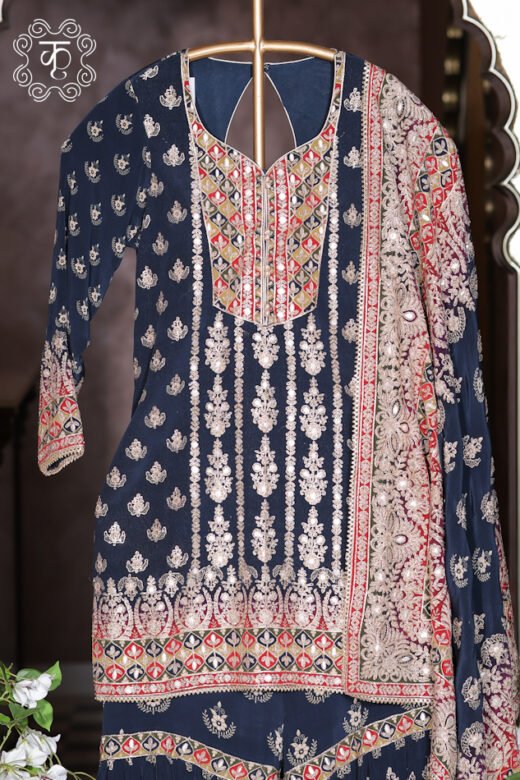 Luxury navy blue embroidered sharara suit with matching dupatta