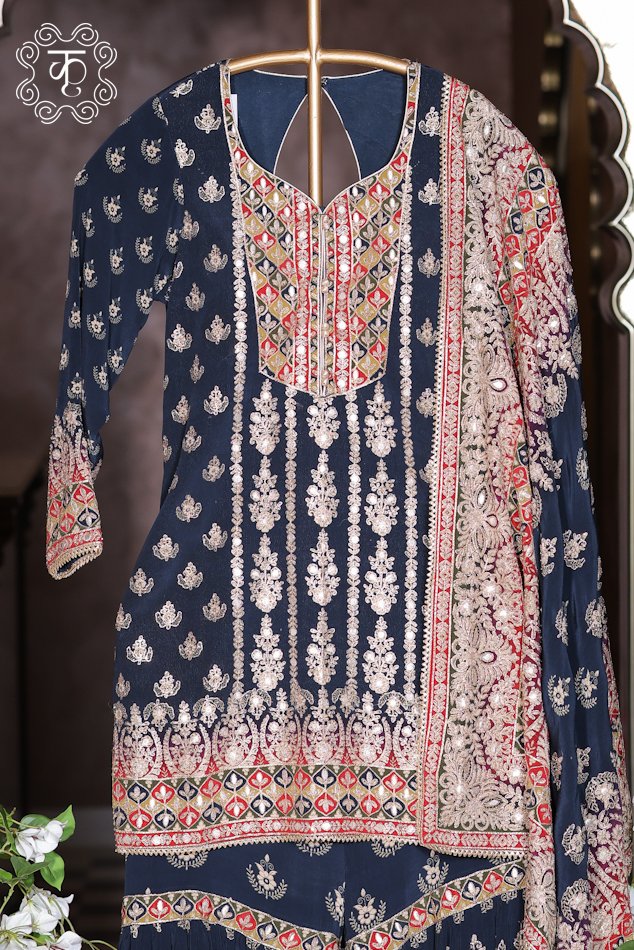 Luxury navy blue embroidered sharara suit with matching dupatta