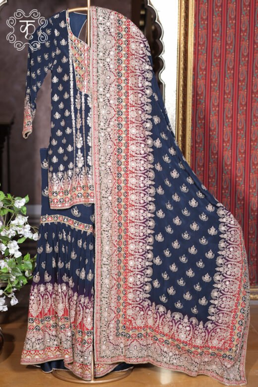 Navy blue designer embroidered sharara suit with matching embellished dupatta