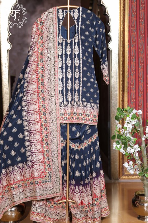 Designer navy blue traditional sharara outfit with heavy embroidery