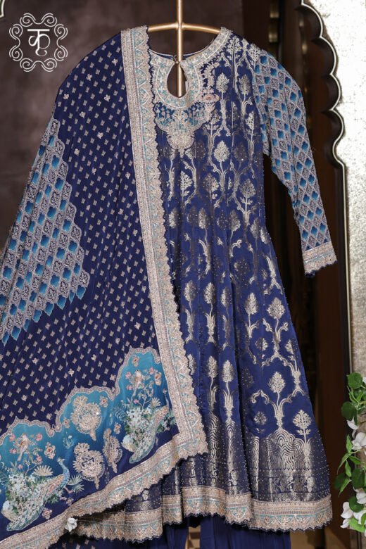 Royal blue designer embroidered Anarkali suit with matching embellished dupatta
