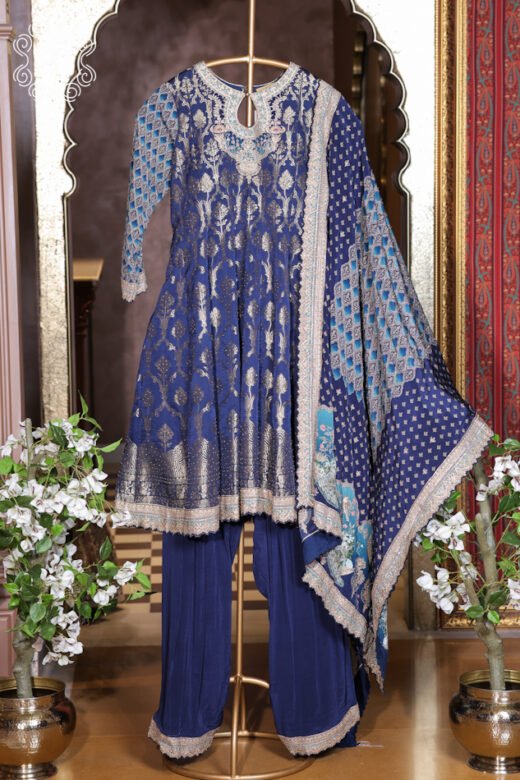 Luxury royal blue embroidered Anarkali dress with matching dupatta