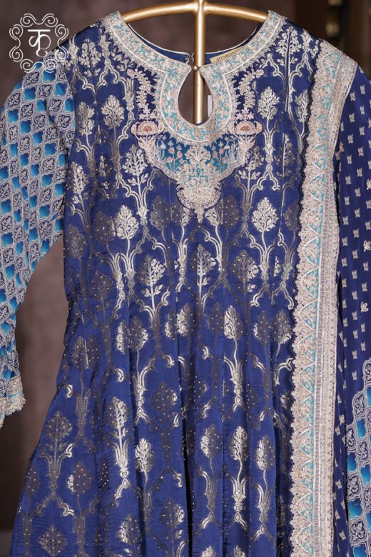 Designer royal blue traditional Anarkali suit with detailed embroidery