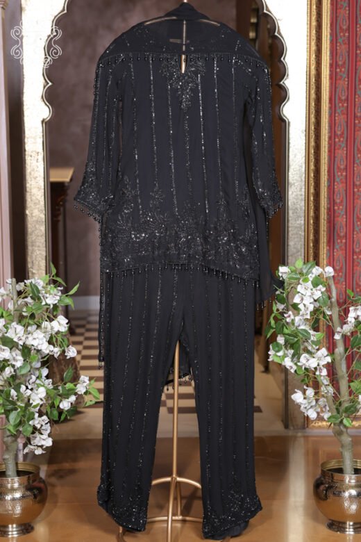 Elegant black party wear suit featuring intricate sequin embroidery