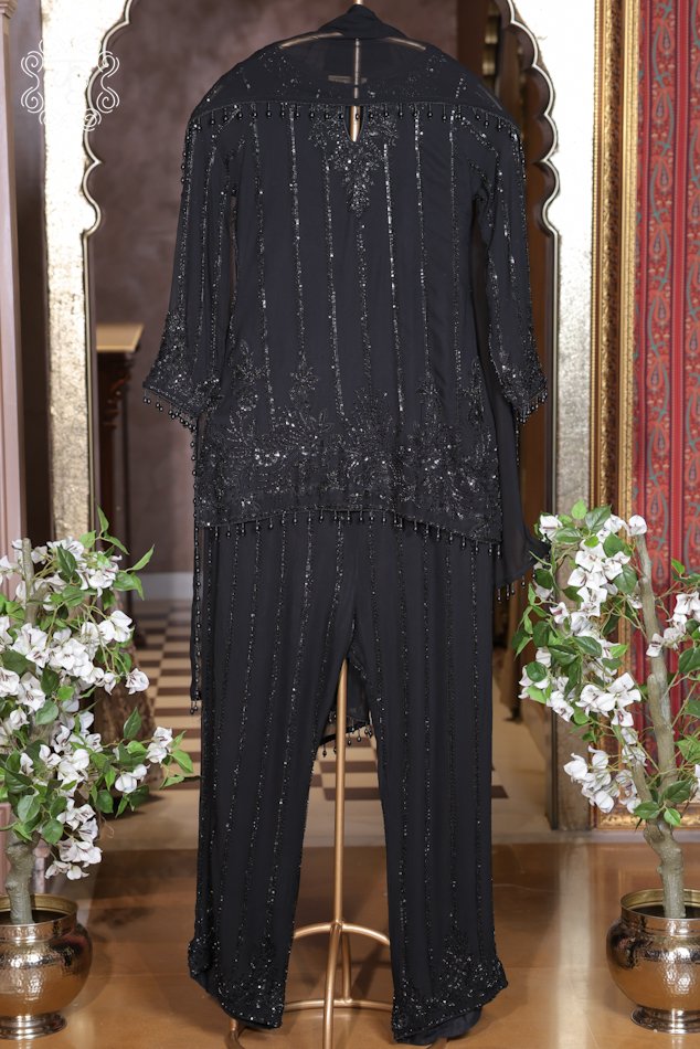 Elegant black party wear suit featuring intricate sequin embroidery