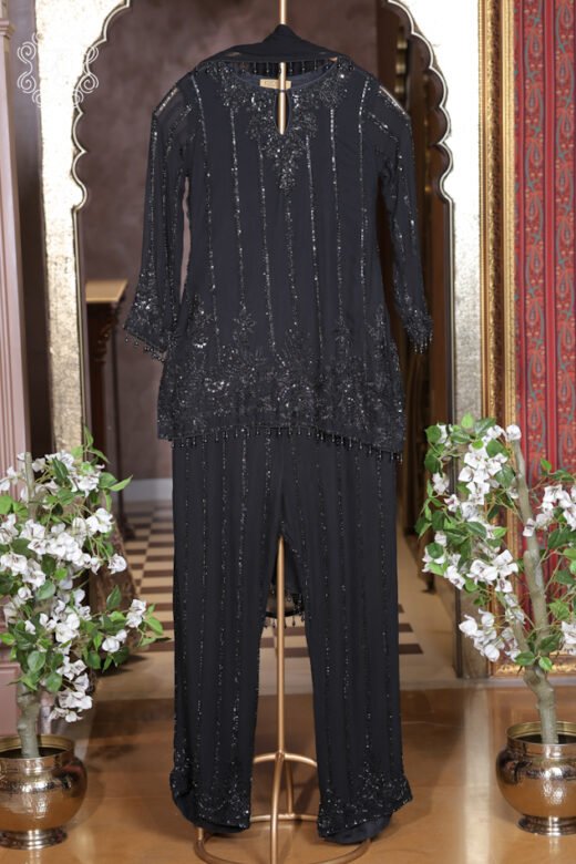 Black designer embroidered suit set with elegant sequin detailing