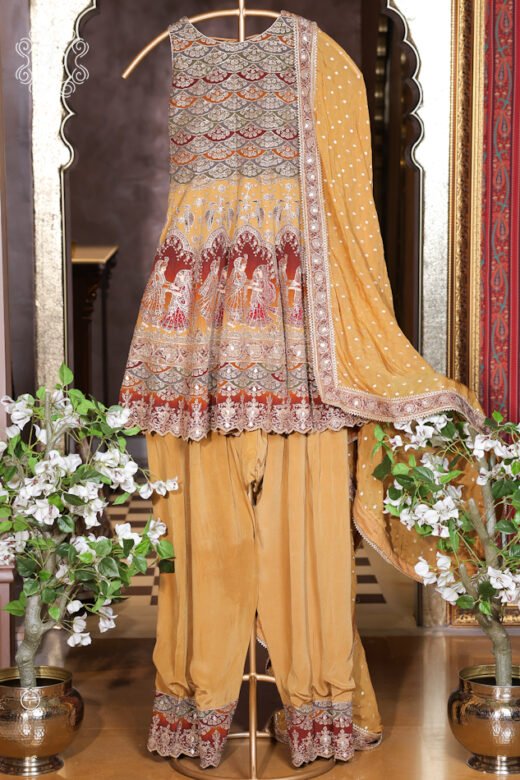 Luxury mustard yellow embroidered suit with matching dupatta